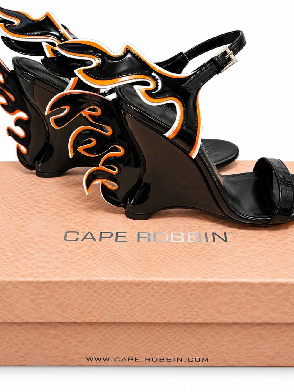 Cape Robbin Hell Flame Black Orange Wedge Heels Size 9 Y2K Statement Shoes